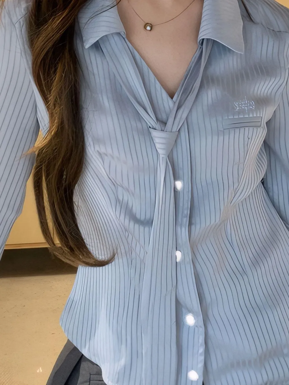 Button-Up Long Sleeve Shirt with Tie, image 5