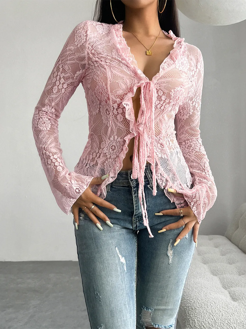 Tie Front Long Sleeve Lace Top, image 5