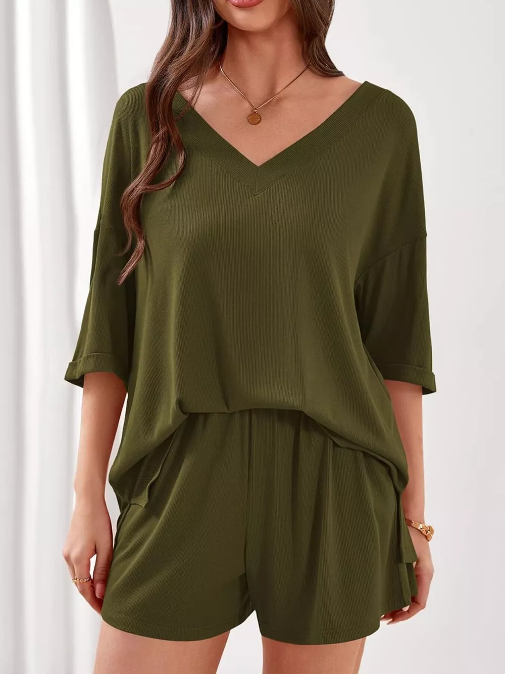 Casual Solid Color V-Neck Top & Shorts Set, image 14