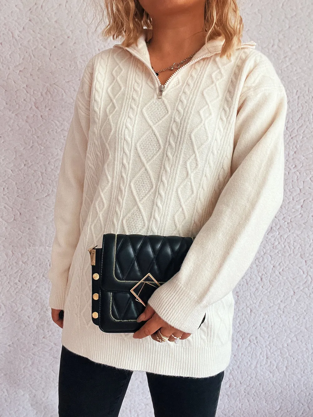 Texture Zip Collar Long Sleeve Sweater, image 16