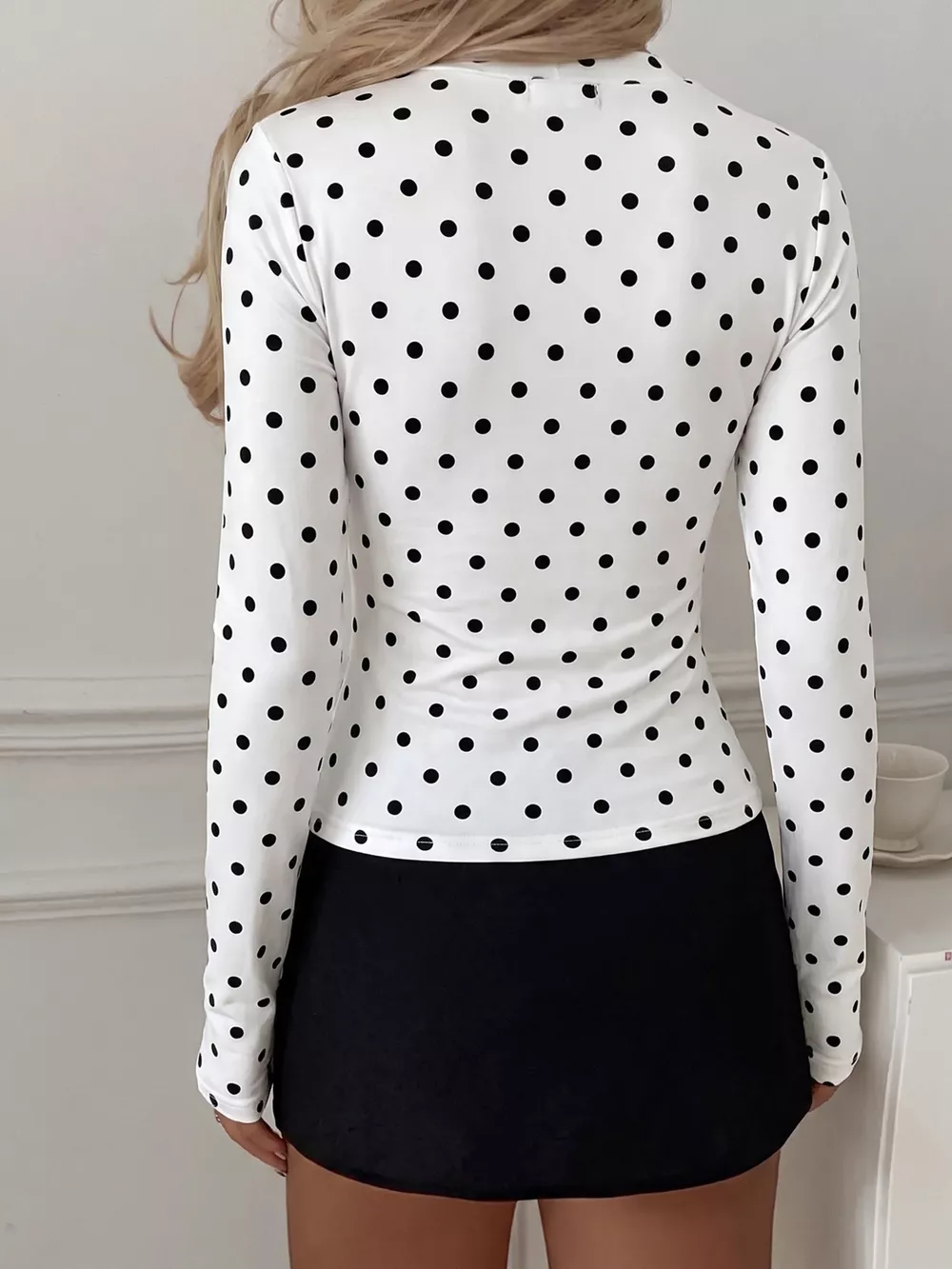 Polka Dot Keyhole Long Sleeve Slim Fit T-Shirt, image 6