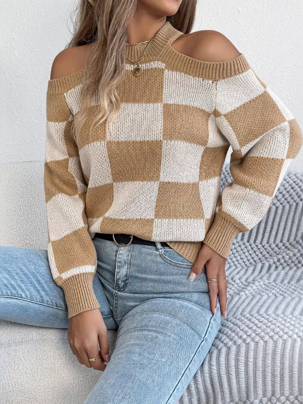 Cold Shoulder Checkered Long Sleeve Sweater, image 9