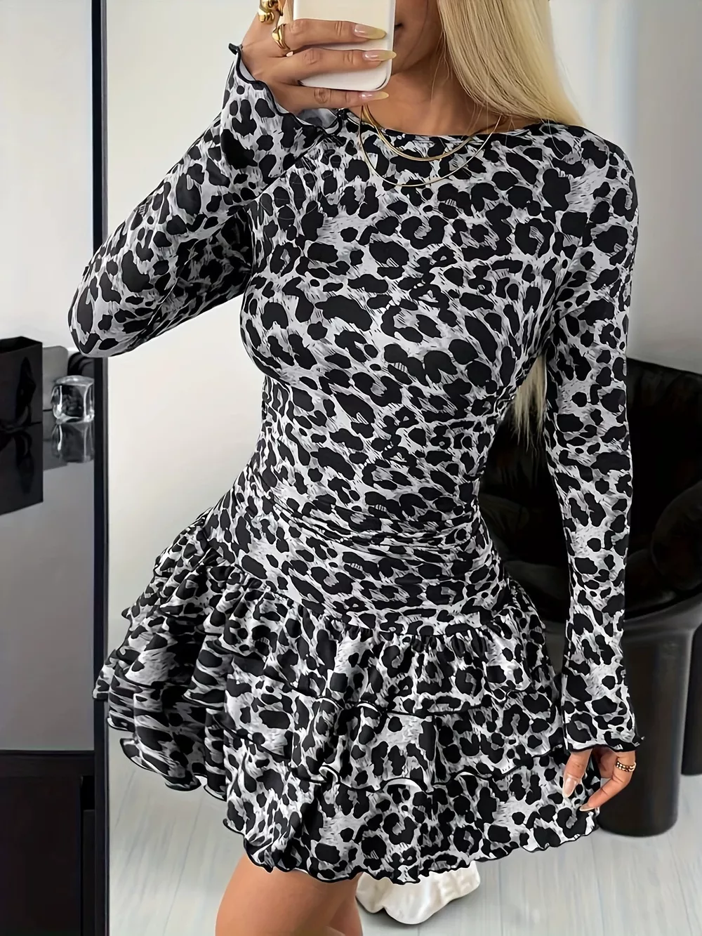 Long Sleeve Ruffled Hem Mini Dress, image 6