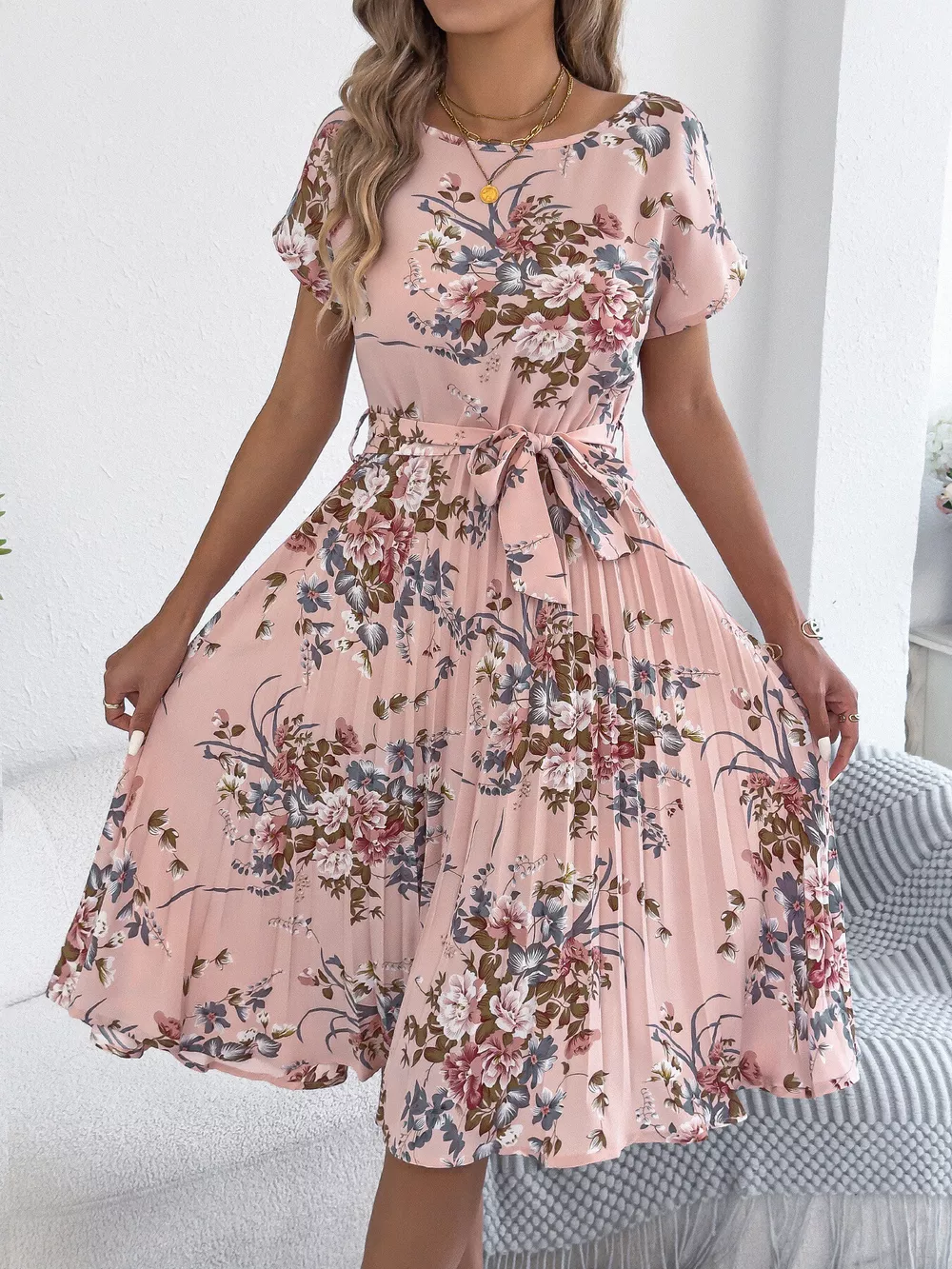 Floral Print Pleated A-Line Midi Dress, image 7
