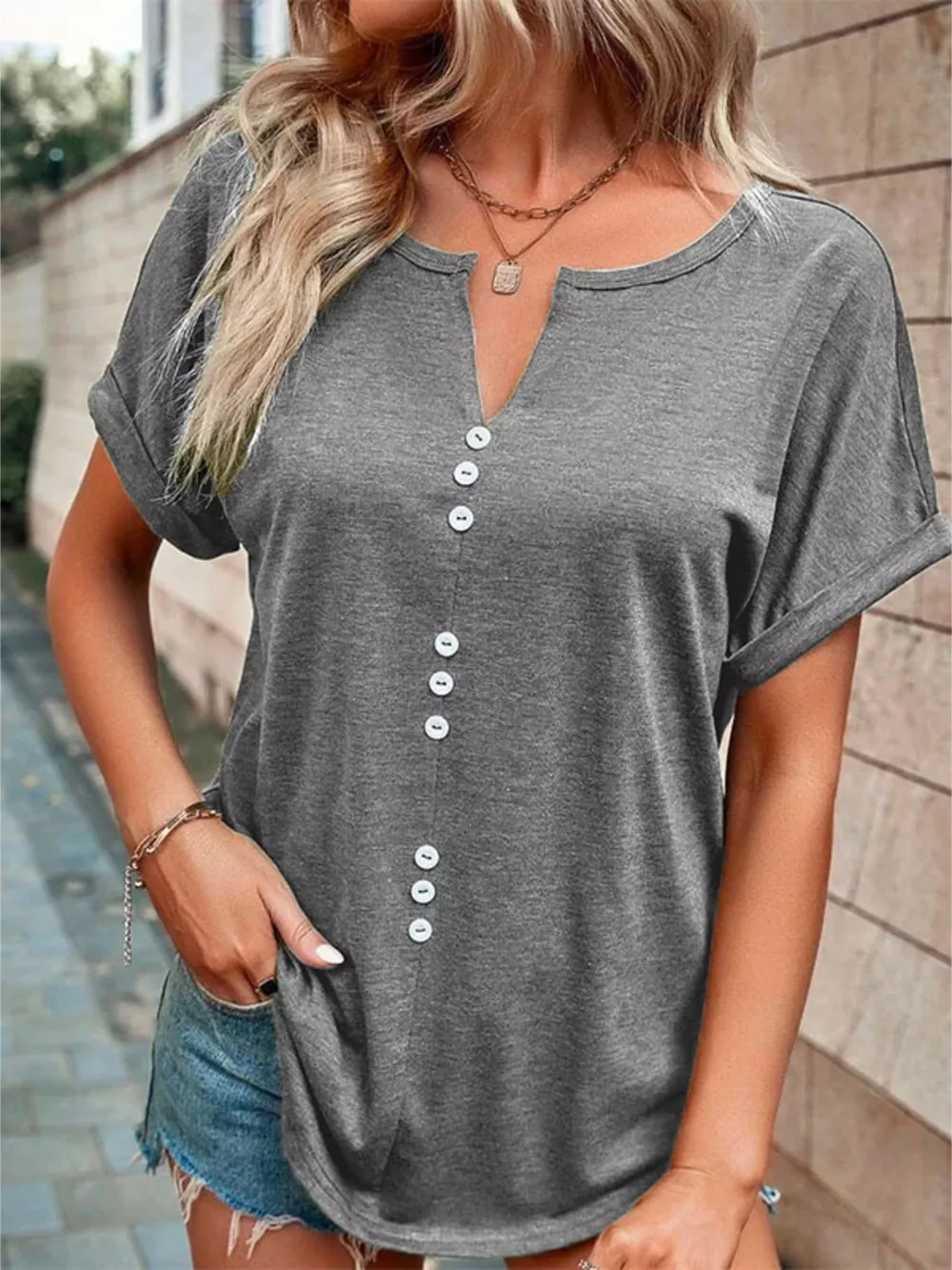 Full Size Decor Button Short Sleeve T-Shirt Plus Size, image 16