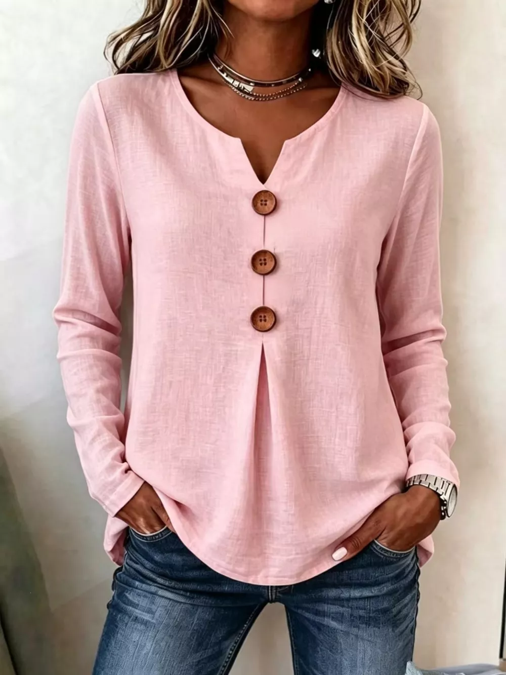 Full Size Decorative Button Long Sleeve Blouse Plus Size, image 5