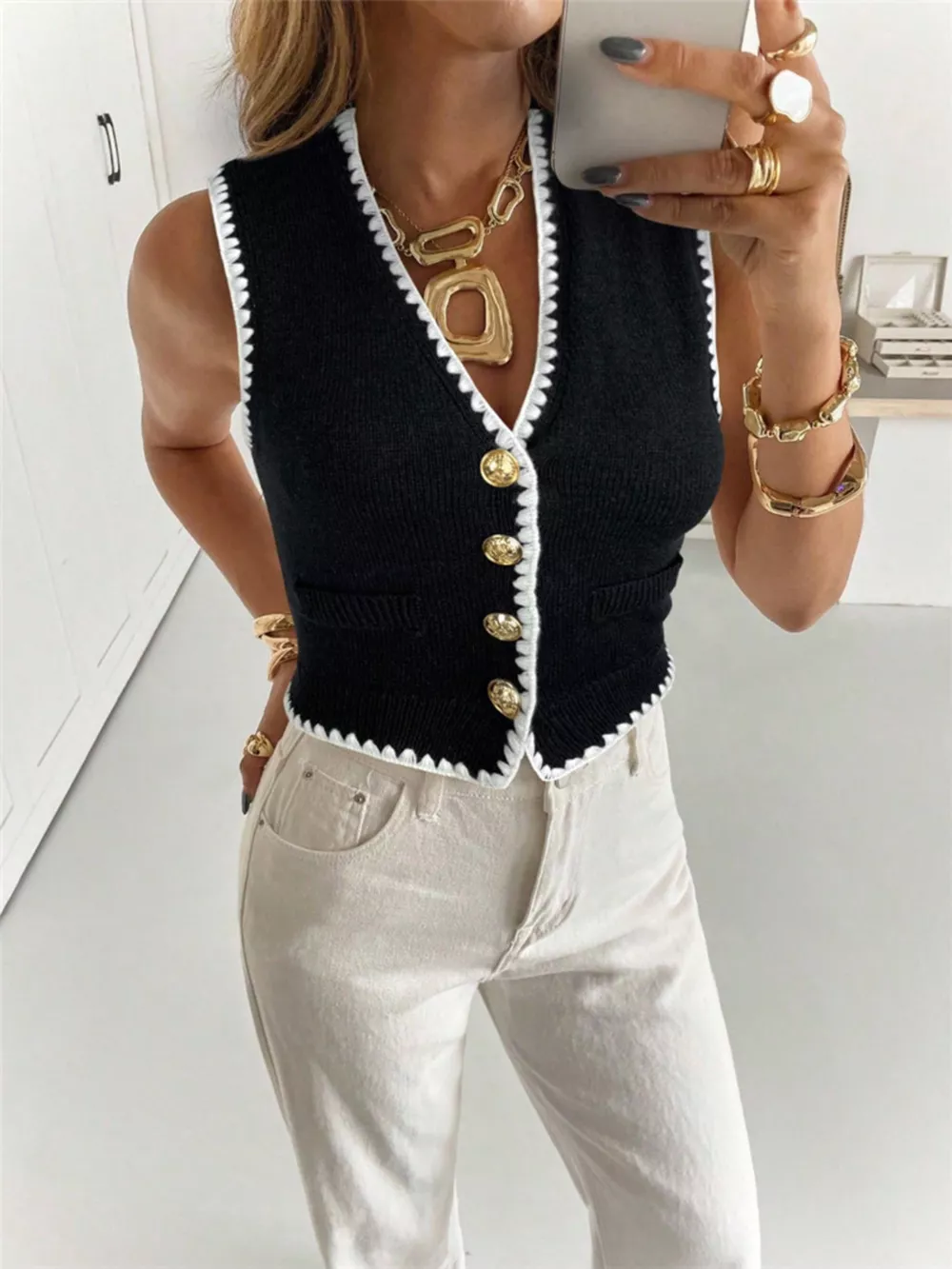 Contrast Trim Button Up Sweater Vest, image 10