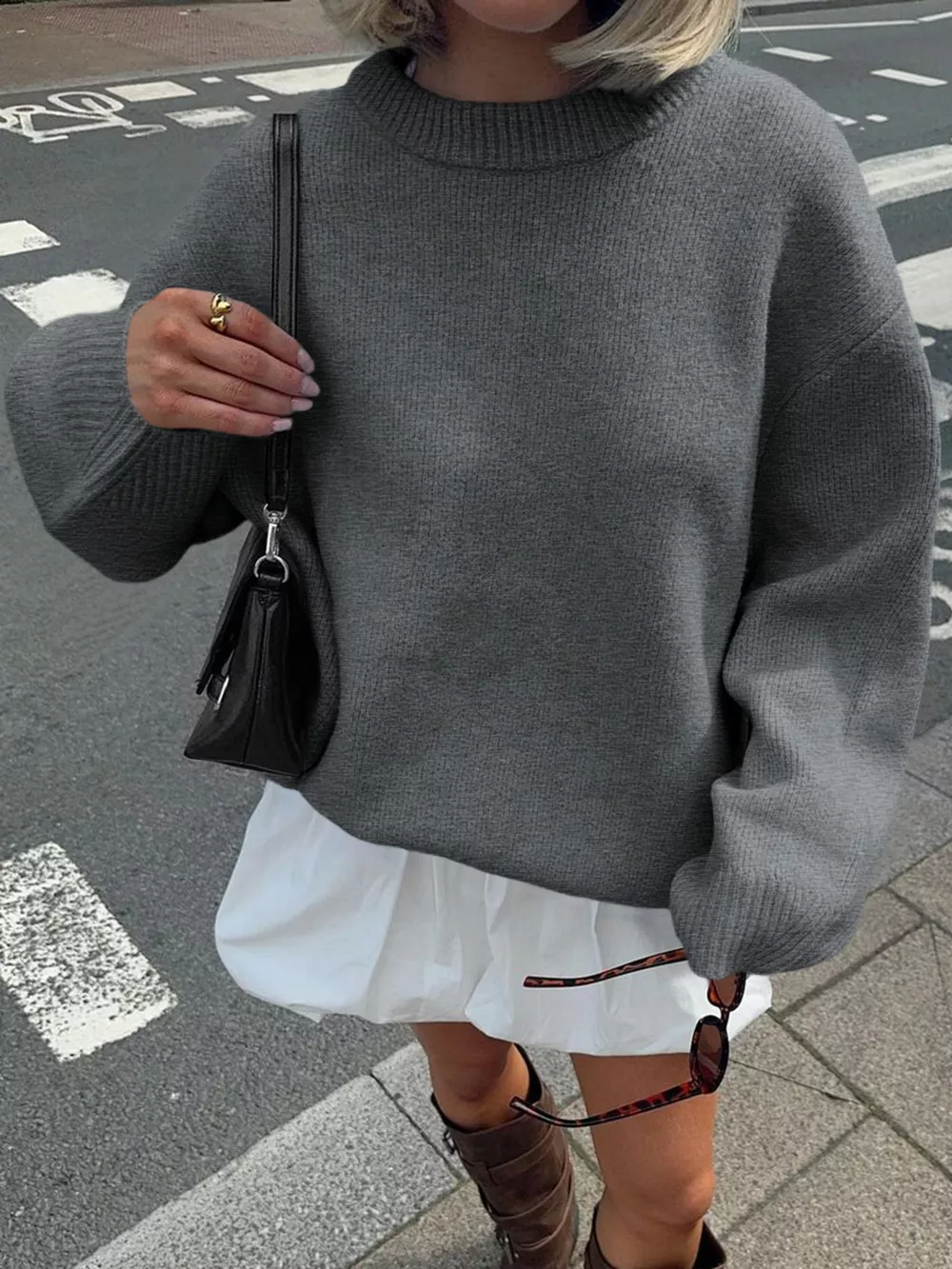 Ribbed Round Neck Dropped Shoulder Sweater, image 4