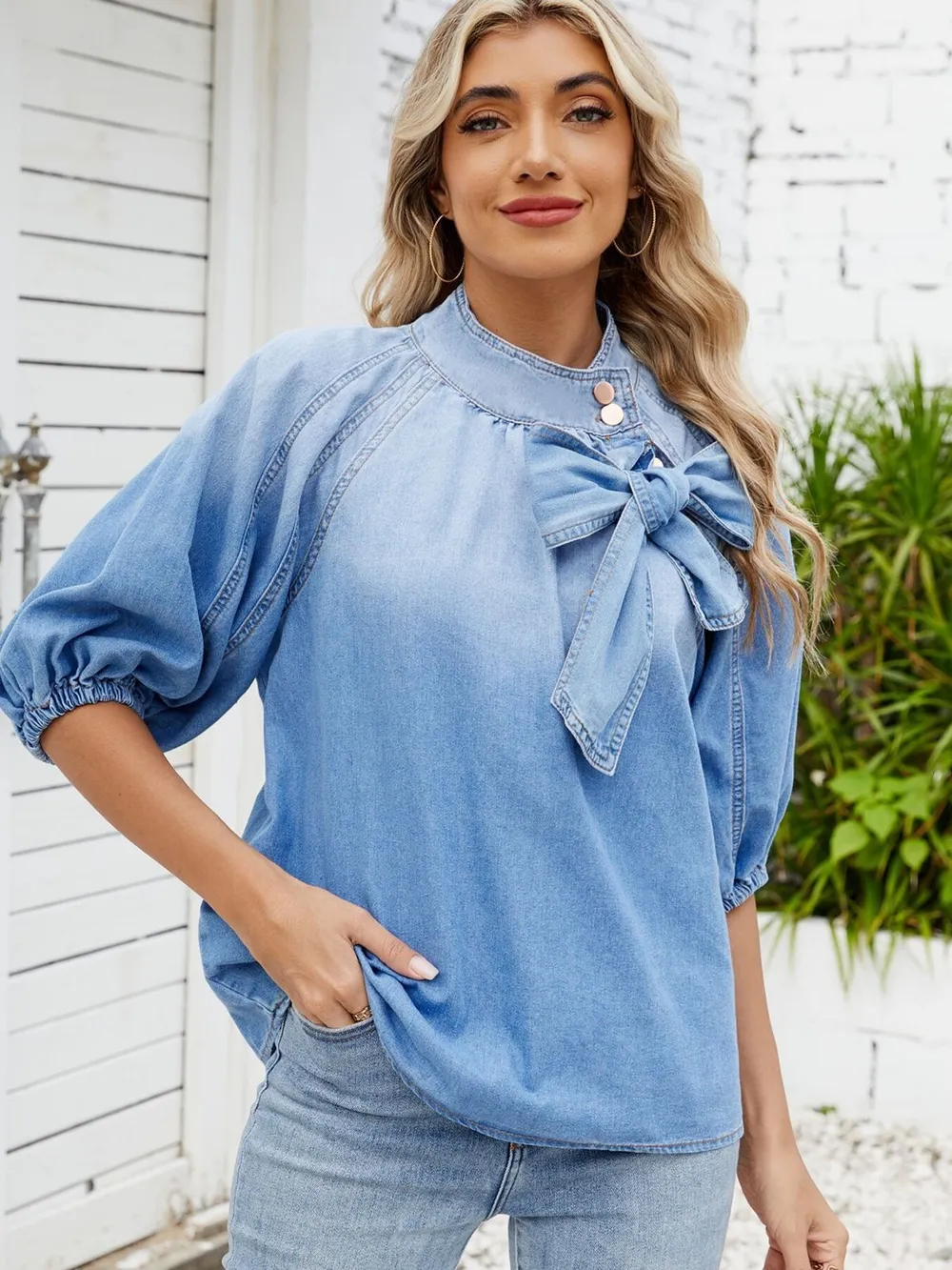 Denim Bow Tie Puff Sleeve Top, image 4