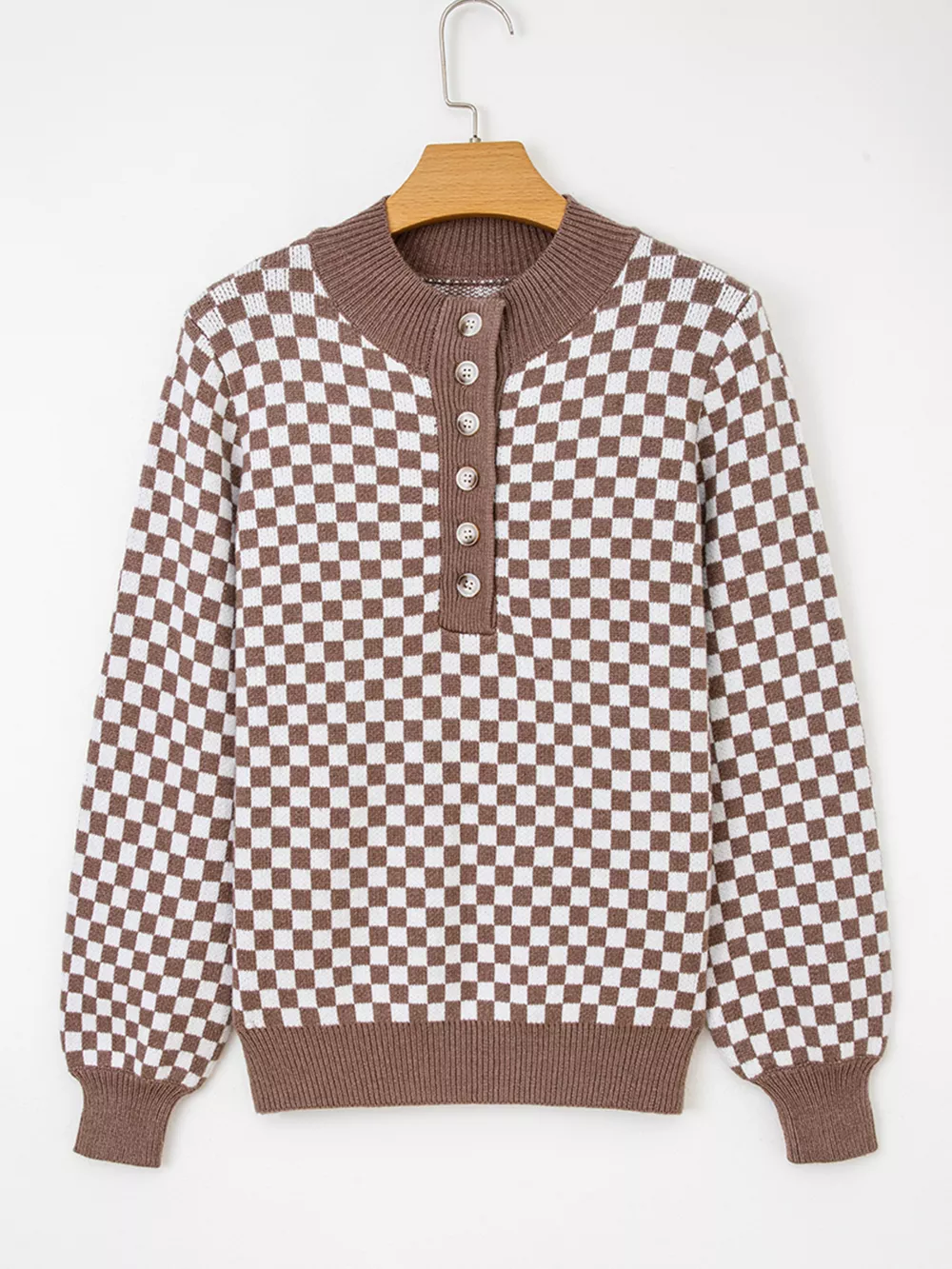 Half Button Ribbed Trim Checkerboard Knit Sweater, image 6