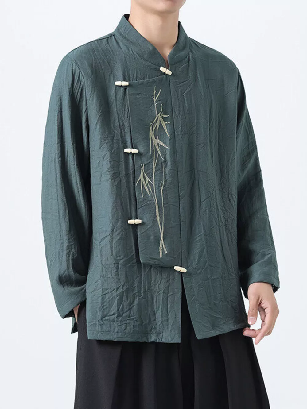 Men's Plus Size Chinese Style Embroidered Bamboo Linen Shirt, image 6