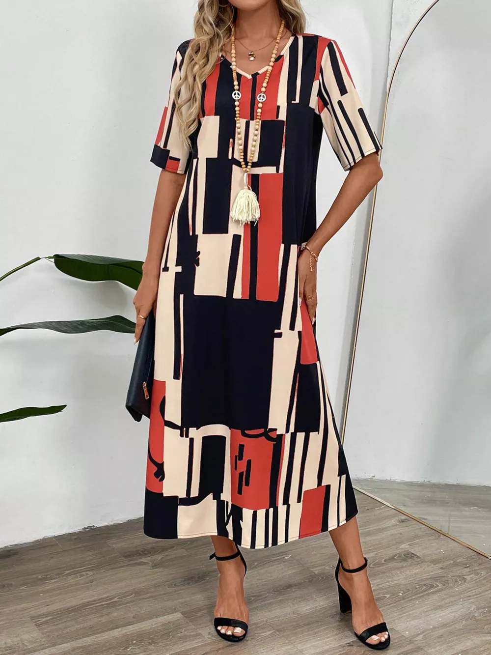 Abstract Geometric Print V-Neck Midi Dress, image 6