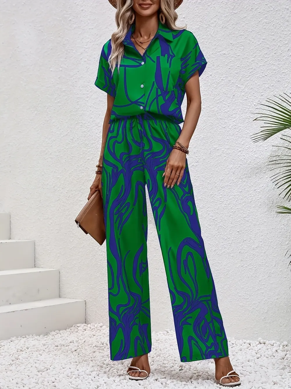 Printed Button Up Shirt and Pants Set, image 5