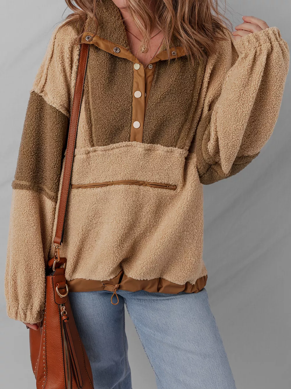 Color Block Patchwork Half Button Sherpa Sweatshirt, image 4