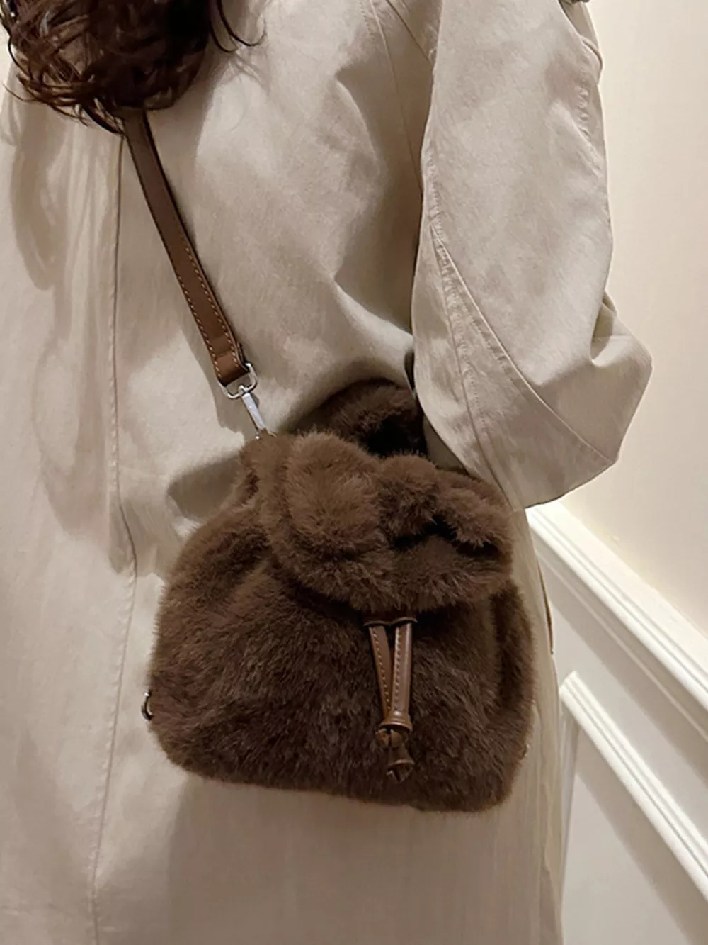 Fuzzy Plush Drawstring Backpack Bag, image 14
