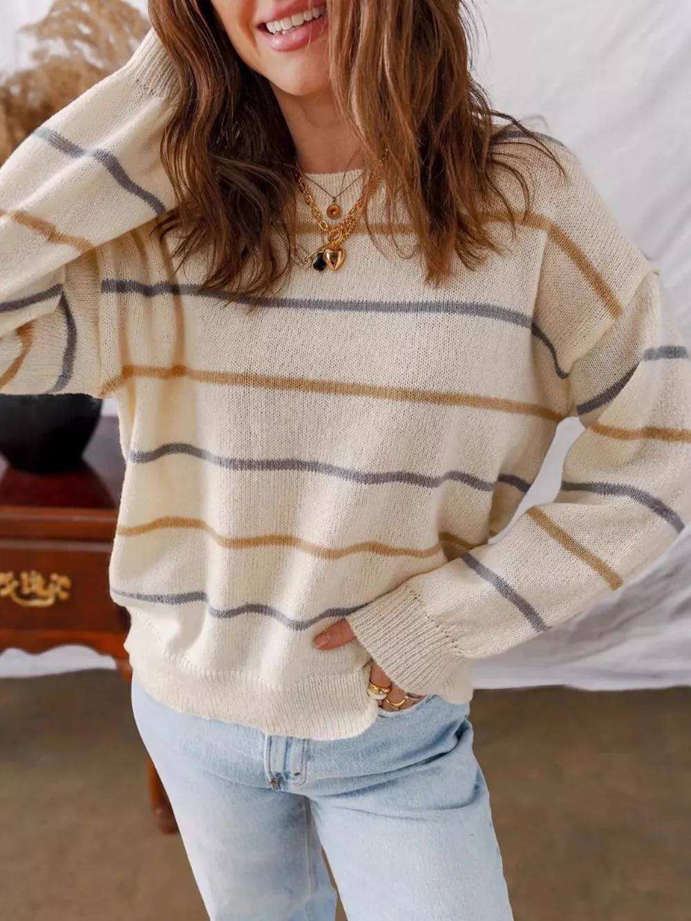 Striped Round Neck Drop Shoulder Sweater, image 5