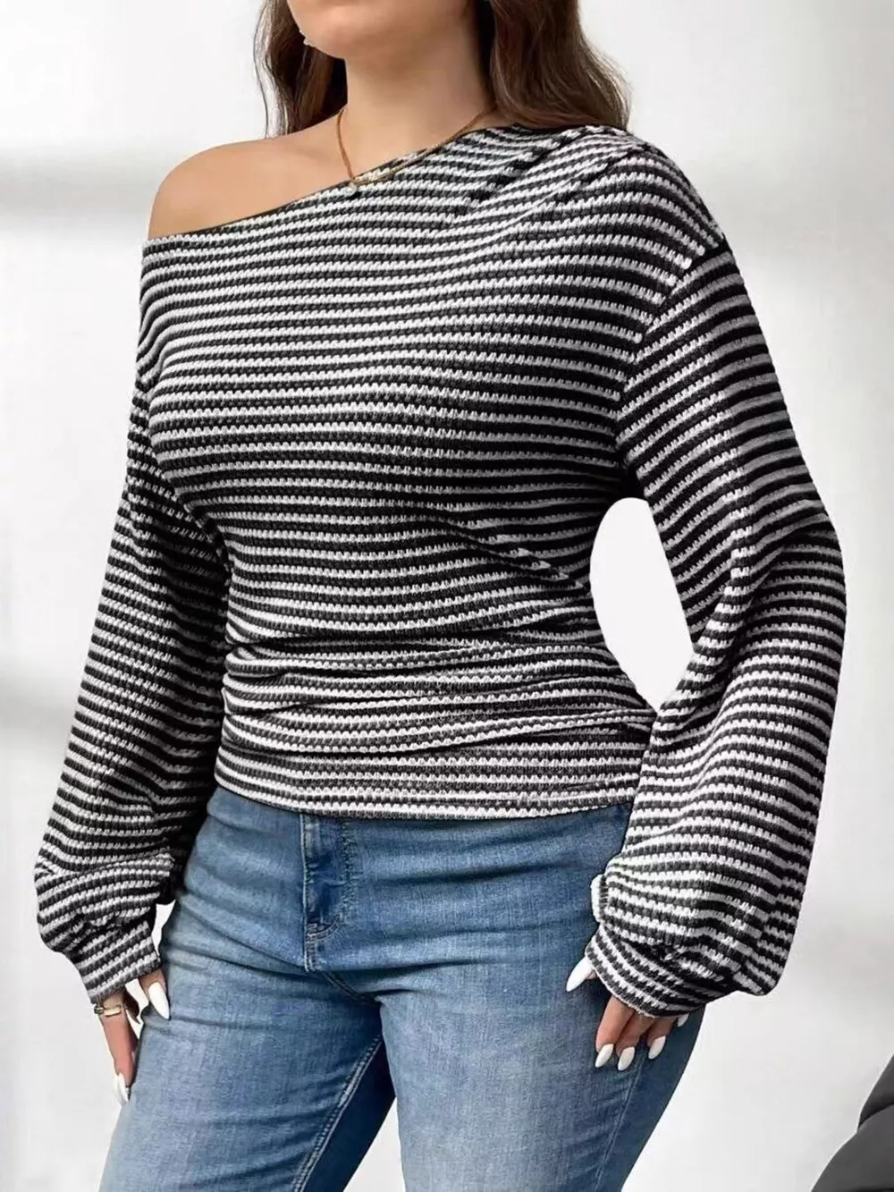 Plus Size Striped One-Shoulder Long Sleeve T-Shirt