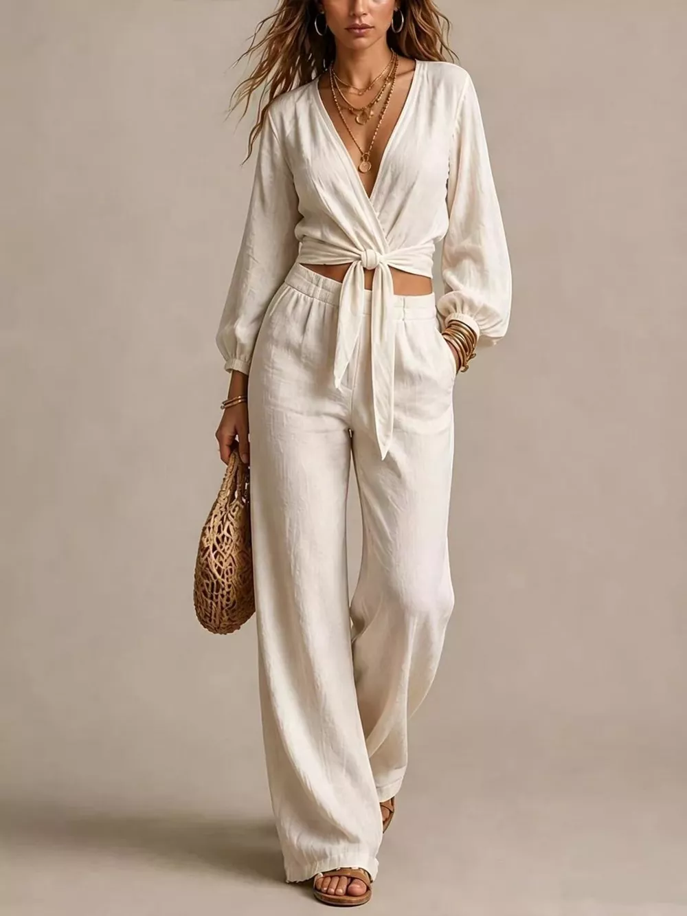 Tie-Front Crop Top and Wide-Leg Pant Set