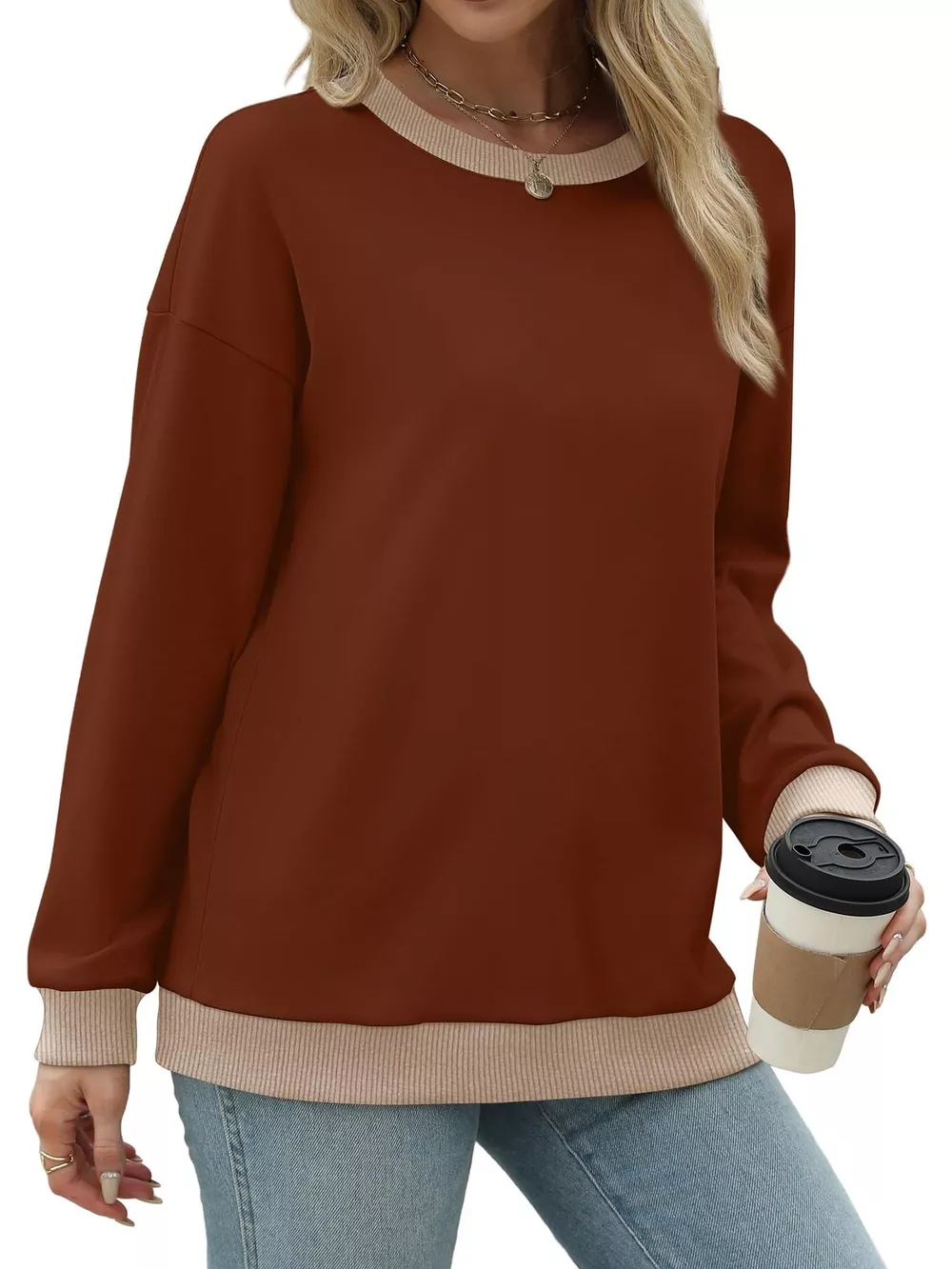 Contrast Trim Crew Neck Casual Sweatshirt, image 12