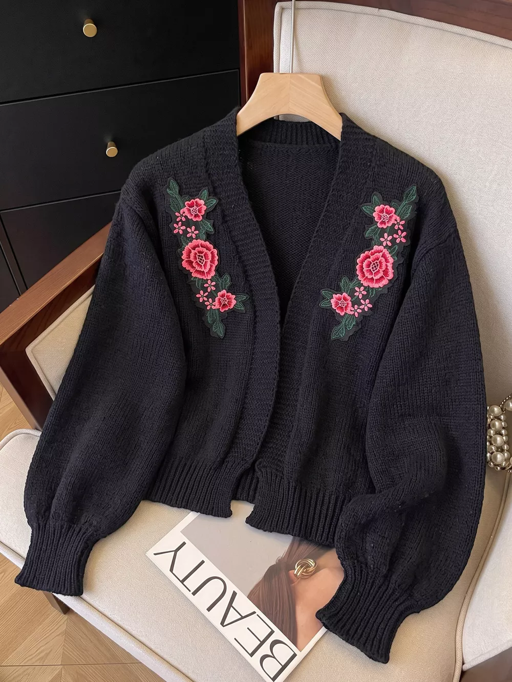 Floral Embroidered Applique Knit Cardigan, image 8