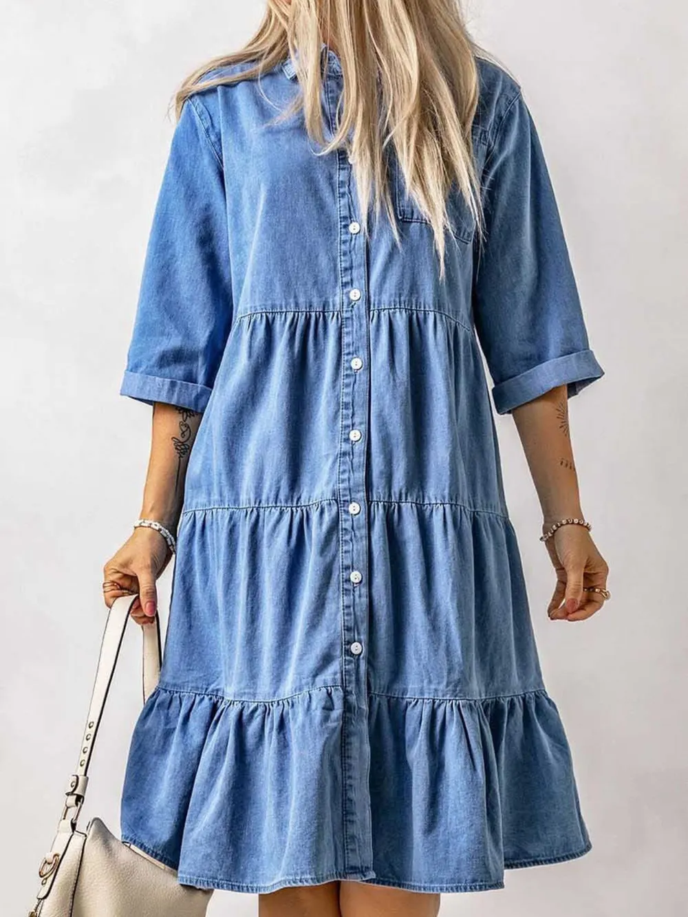 Full Size Ruffled Hem Button Up Denim Midi Dress Plus Size, image 5