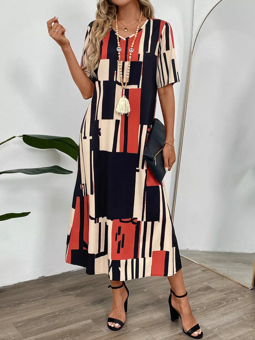 Abstract Geometric Print V-Neck Midi Dress, image 2