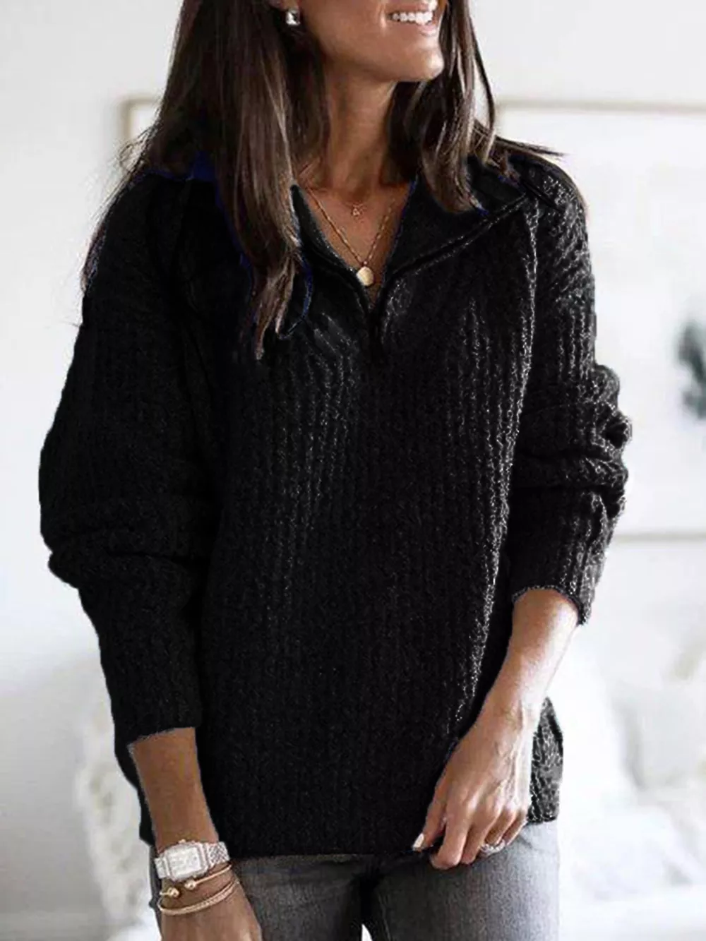 Full Size Half-Zip Textured Sweater Plus Size, image 3