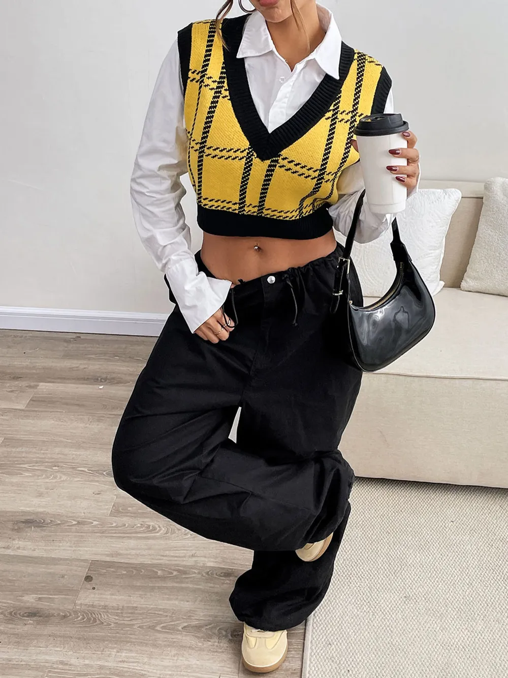 Plaid V-Neck Cropped Sweater Vest, image 6