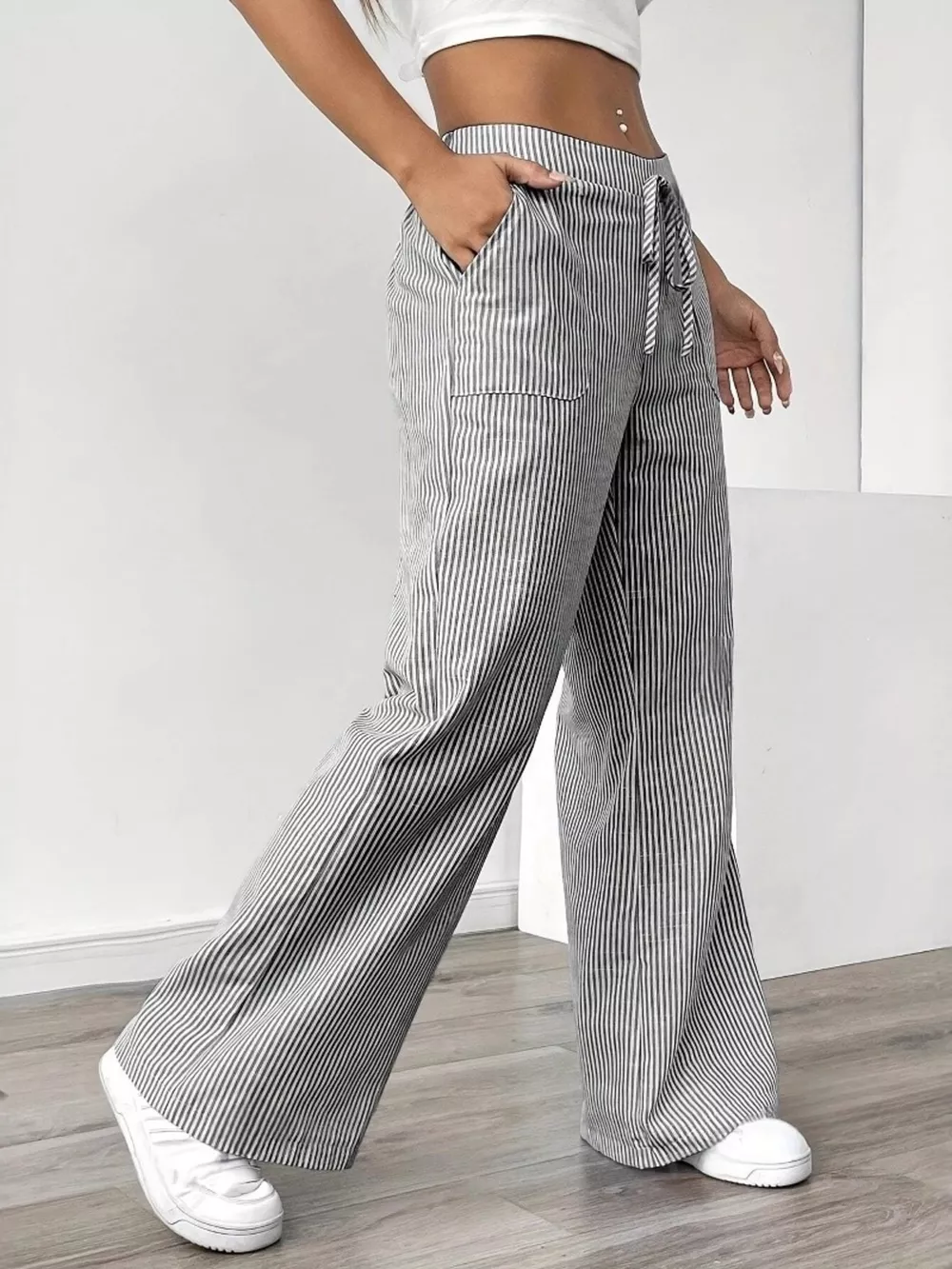 Striped Drawstring Wide-Leg Pants, image 2