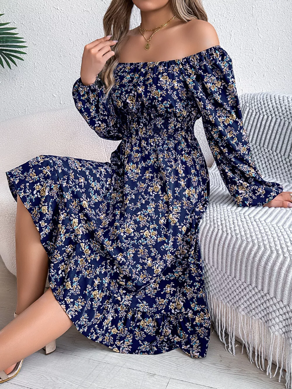 Floral Print Long Sleeve Square Neck Midi Dress, image 8