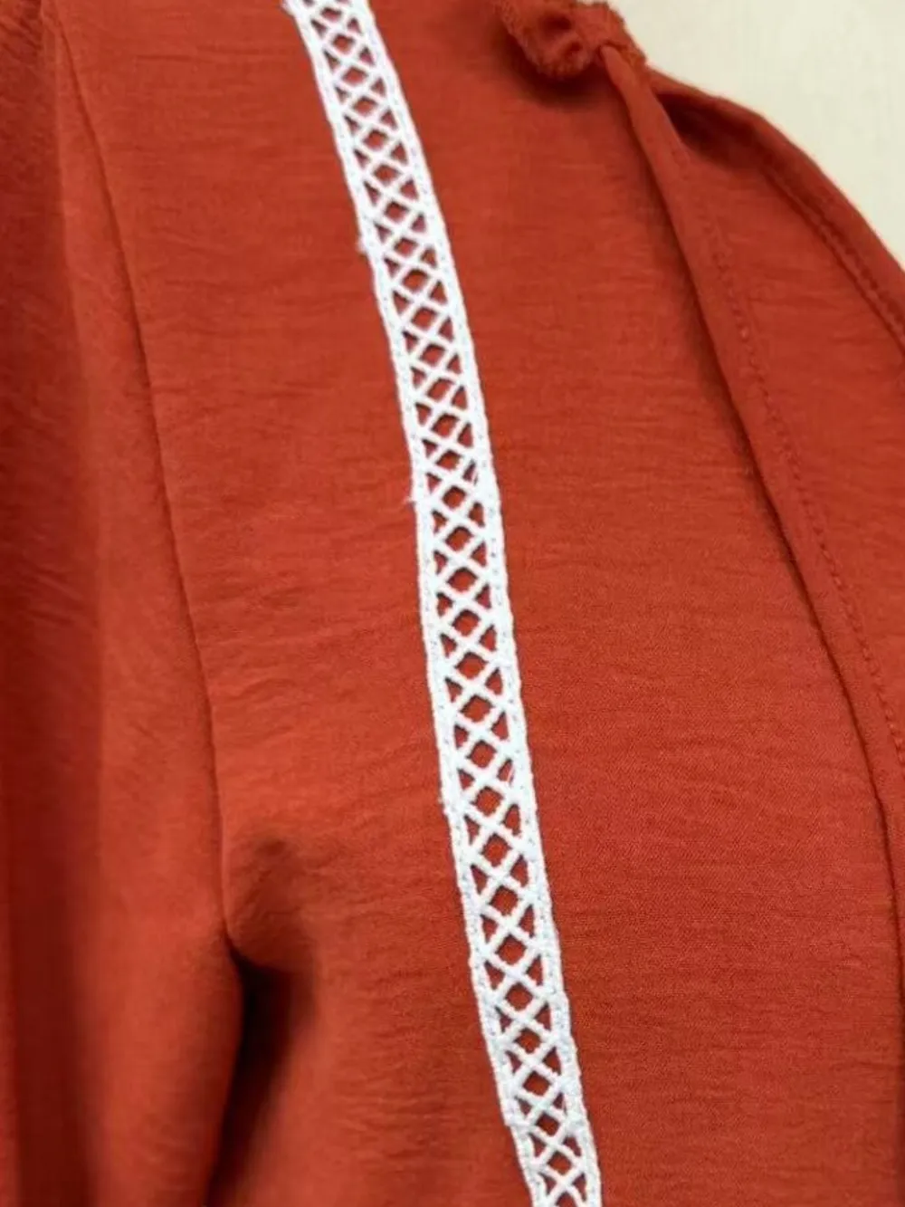 Tie-Neck Long Sleeve Mini Dress with Trim Detail, image 7