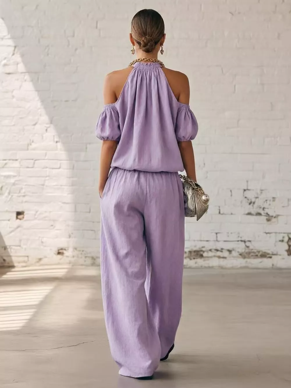 Full Size Cold-Shoulder Top and Wide-Leg Pant Set Plus Size, image 2