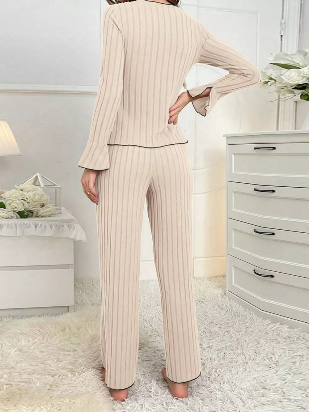 Contrast Bow Detail Top and Pants Lounge Set, image 4