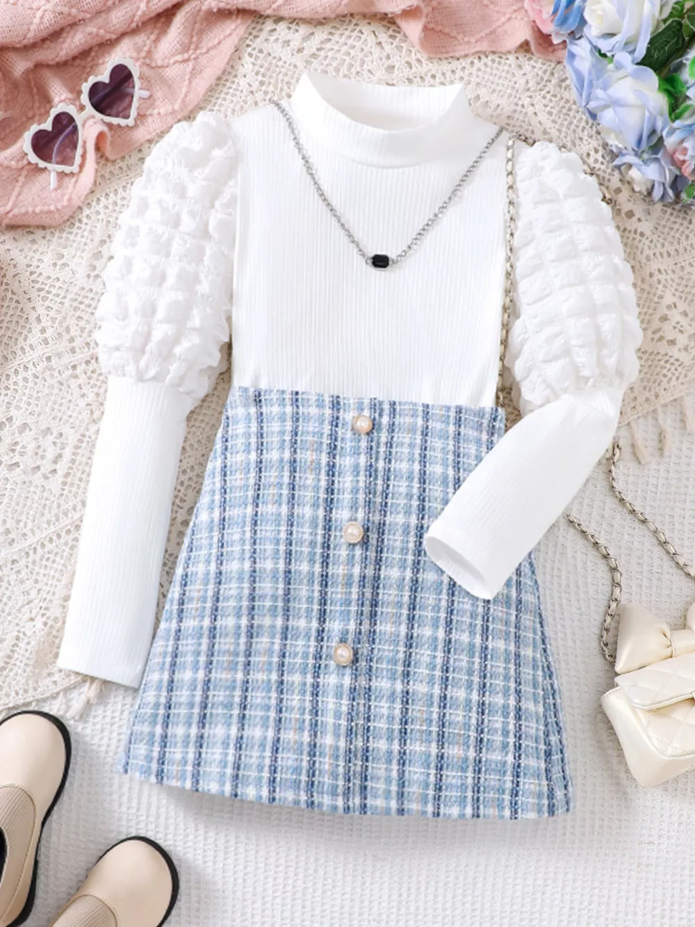 Children's Puff Sleeves Top and Plaid Skirt Set
