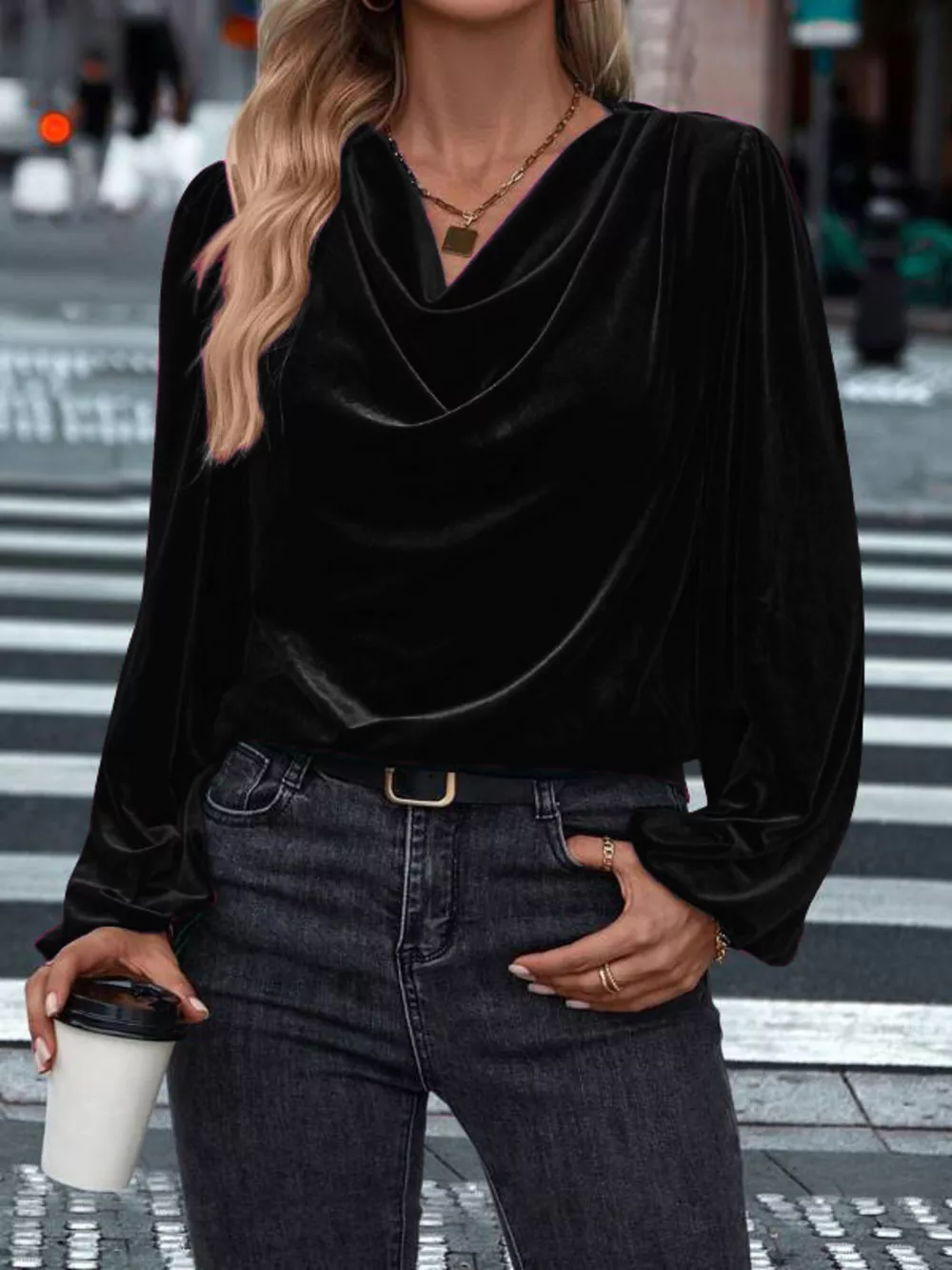 Velvet Cowl Neck Long Sleeve Blouse, image 8
