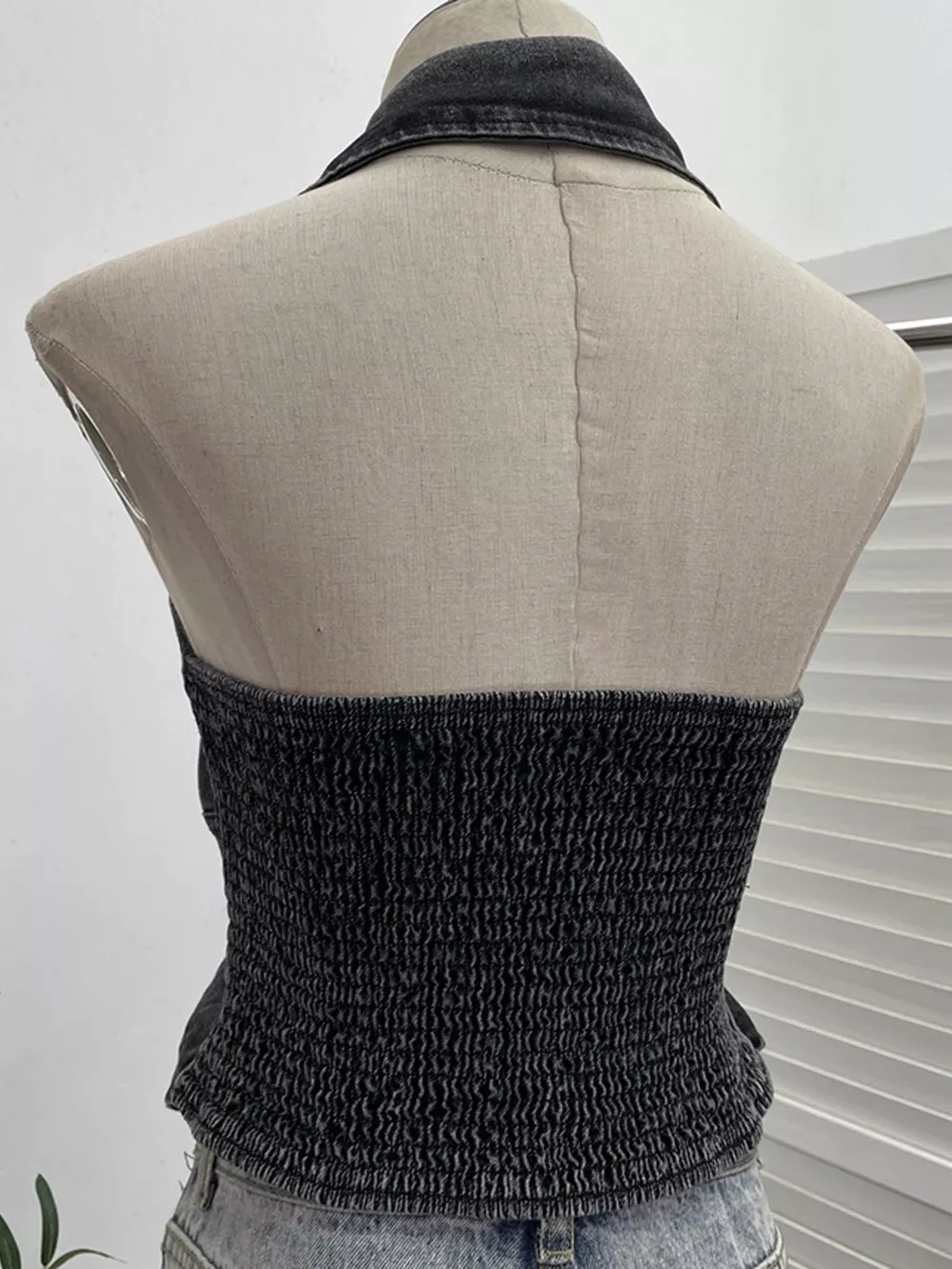 Smocked Denim Halter Collar Top, image 12