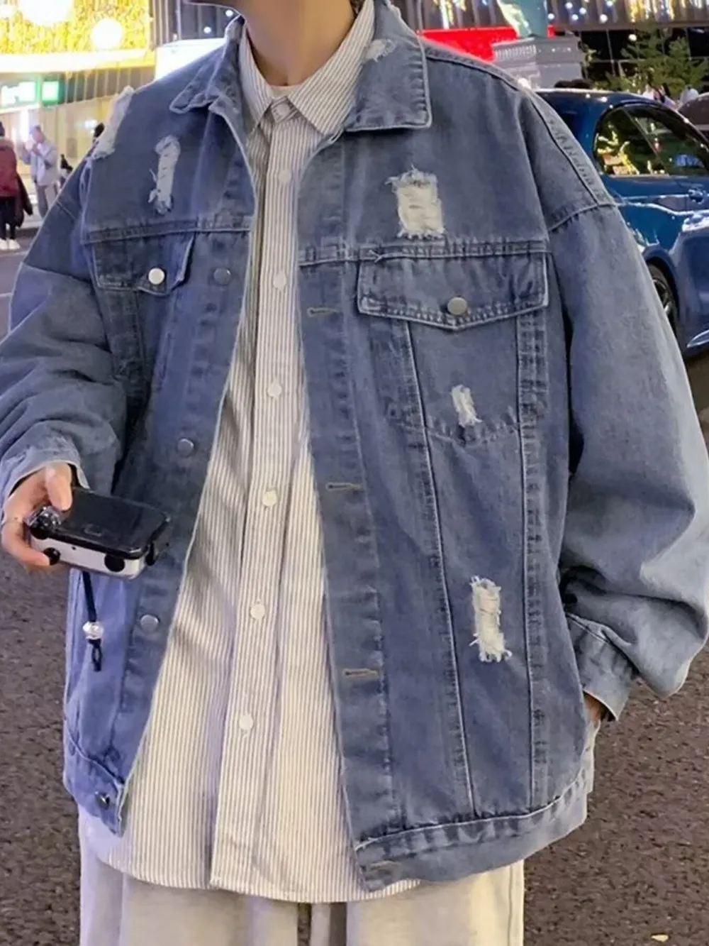 Men's Full Size Distressed Button Up Denim Jacket Plus Size, image 3