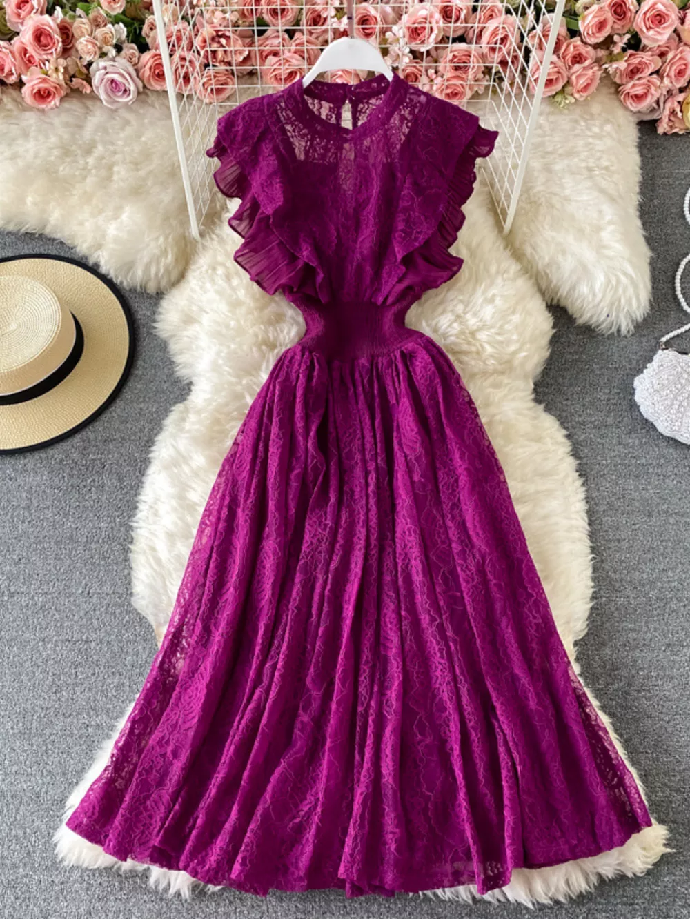 Ruffled Mock Neck Lace Maxi Dress, image 14