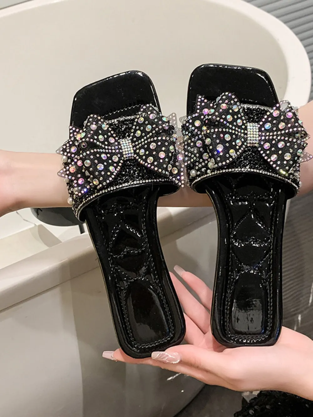Rhinestone Embellished Flats Slip-On Sandals
