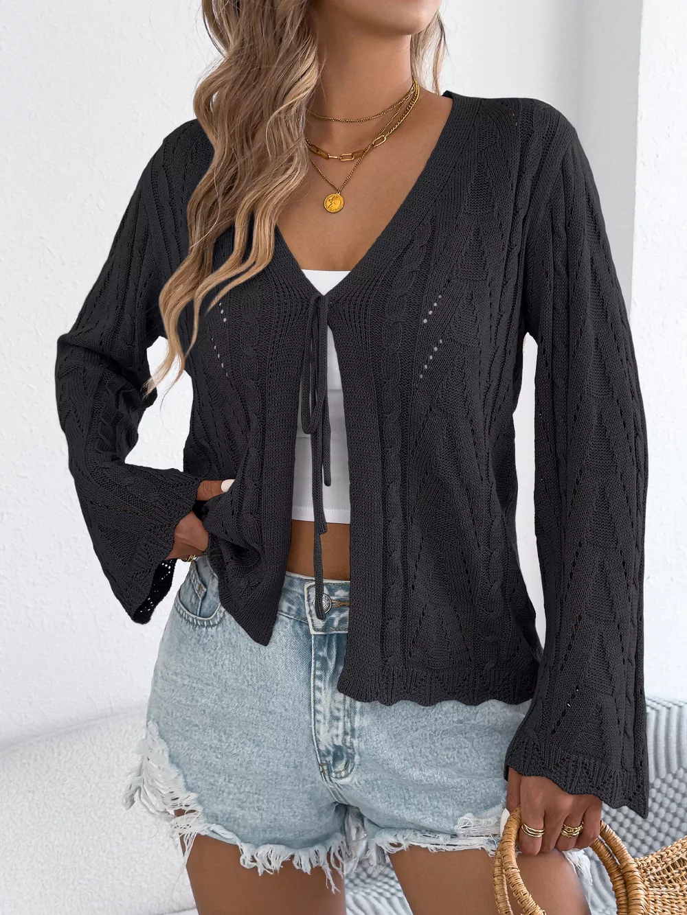 Openwork Tie-Front Knit Cardigan, image 10