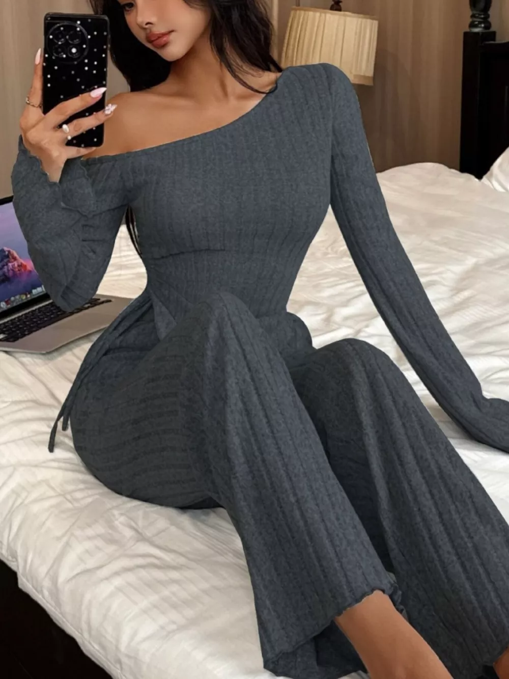 One-Shoulder Ribbed Knit Top and Pants Set, image 11