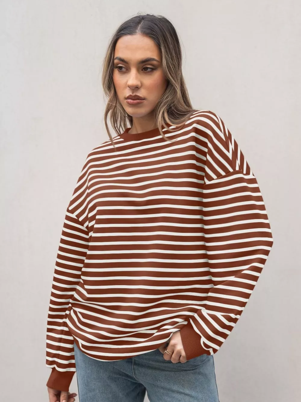Striped Round Neck Oversized Casual Sweatshirt, image 27