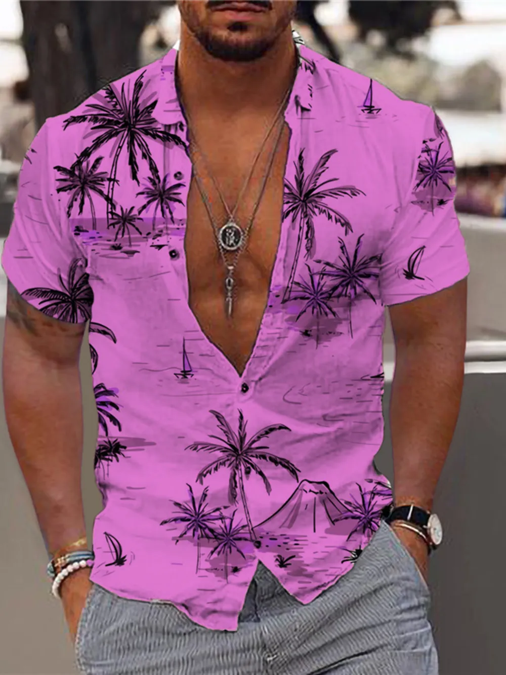 Men's Full Size Tropical Print Short Sleeve Button-Down Shirt Plus Size, image 4