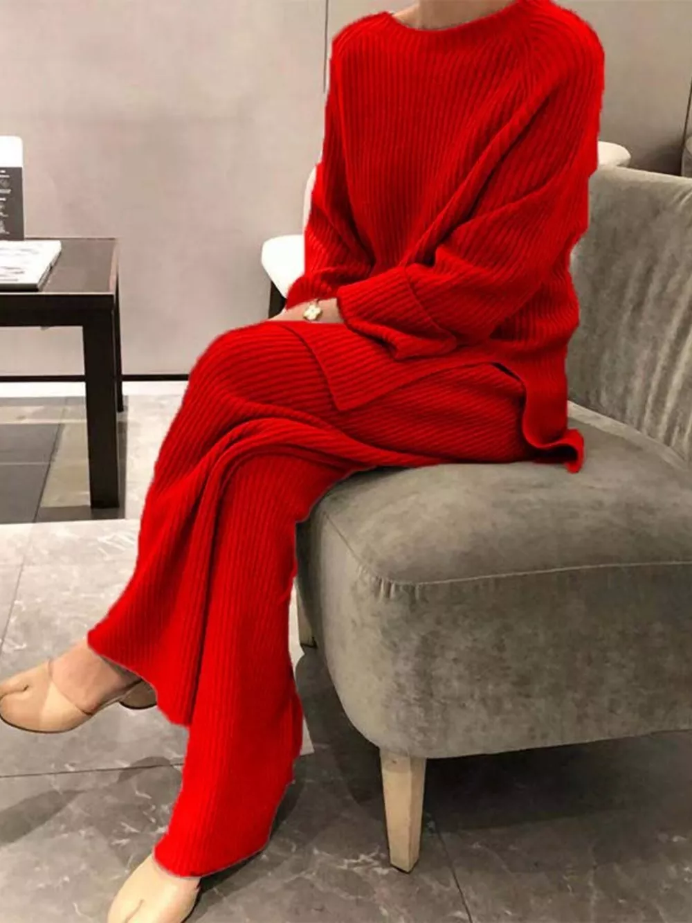 Full Size Ribbed Knit Relaxed Fit Top and Pants Sweater Set Plus Size, image 10