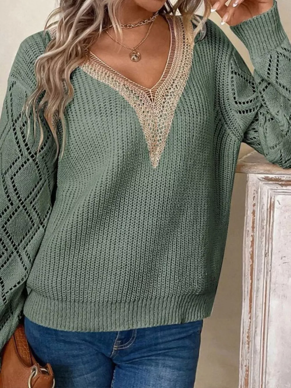 Openwork V-Neck Sweater, image 7