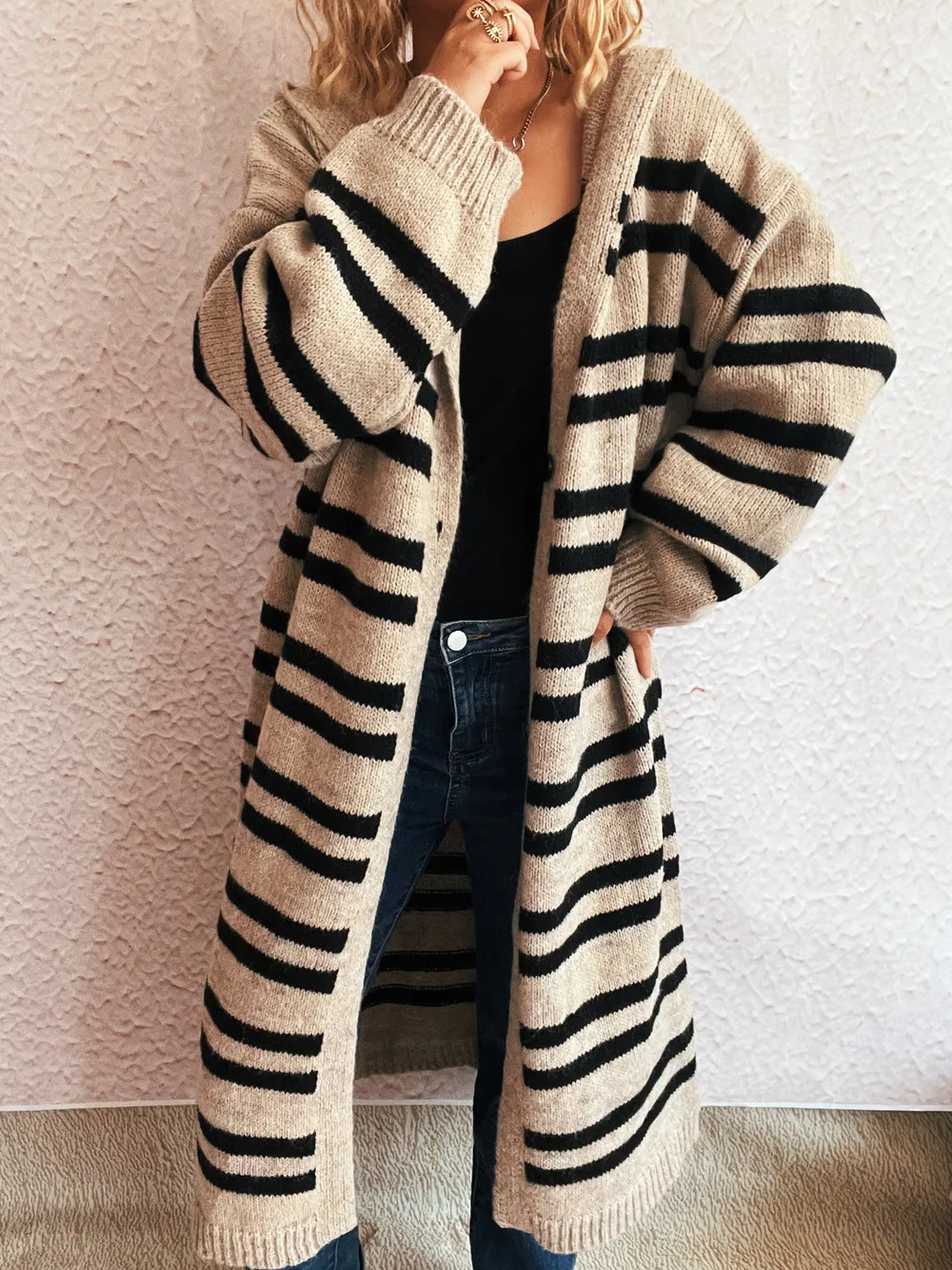 Striped Open Front Hooded Cardigan, image 2