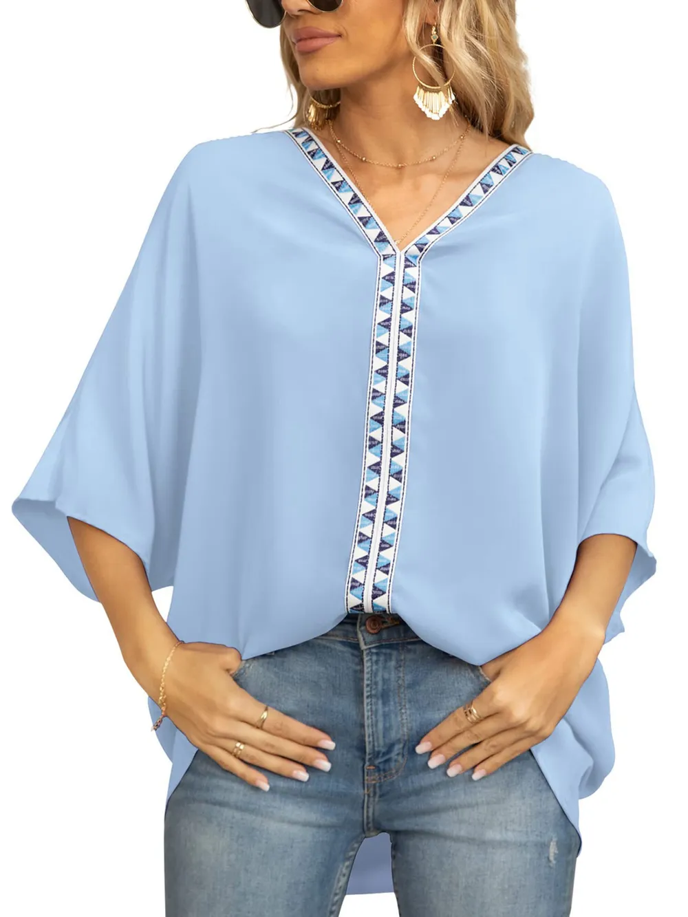 Oversized Contrast V-Neck Half Sleeve Blouse, image 13