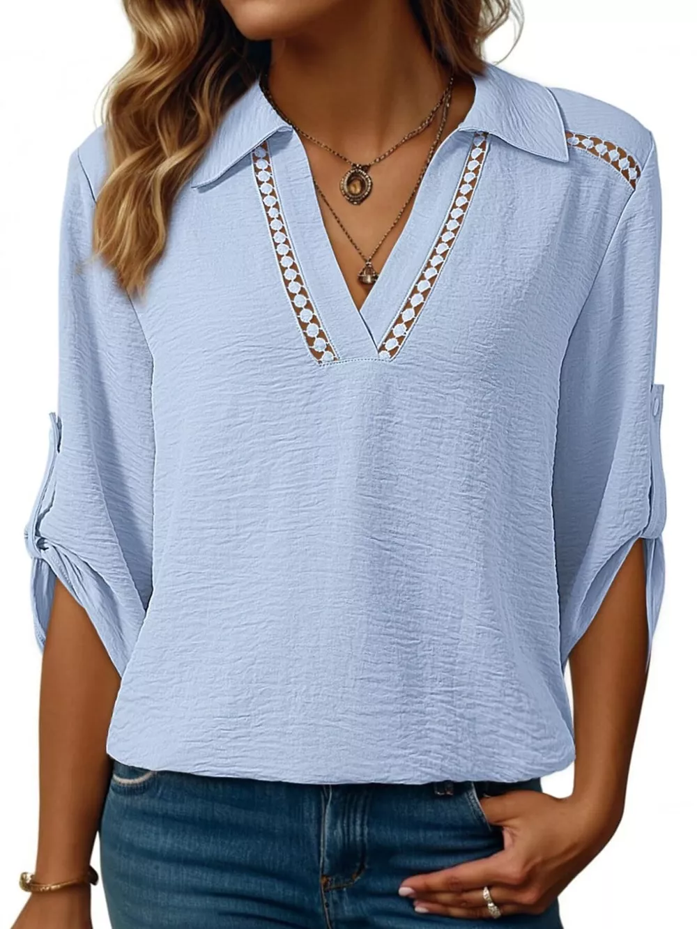 Johnny Collar Roll-Up Sleeve Blouse, image 9