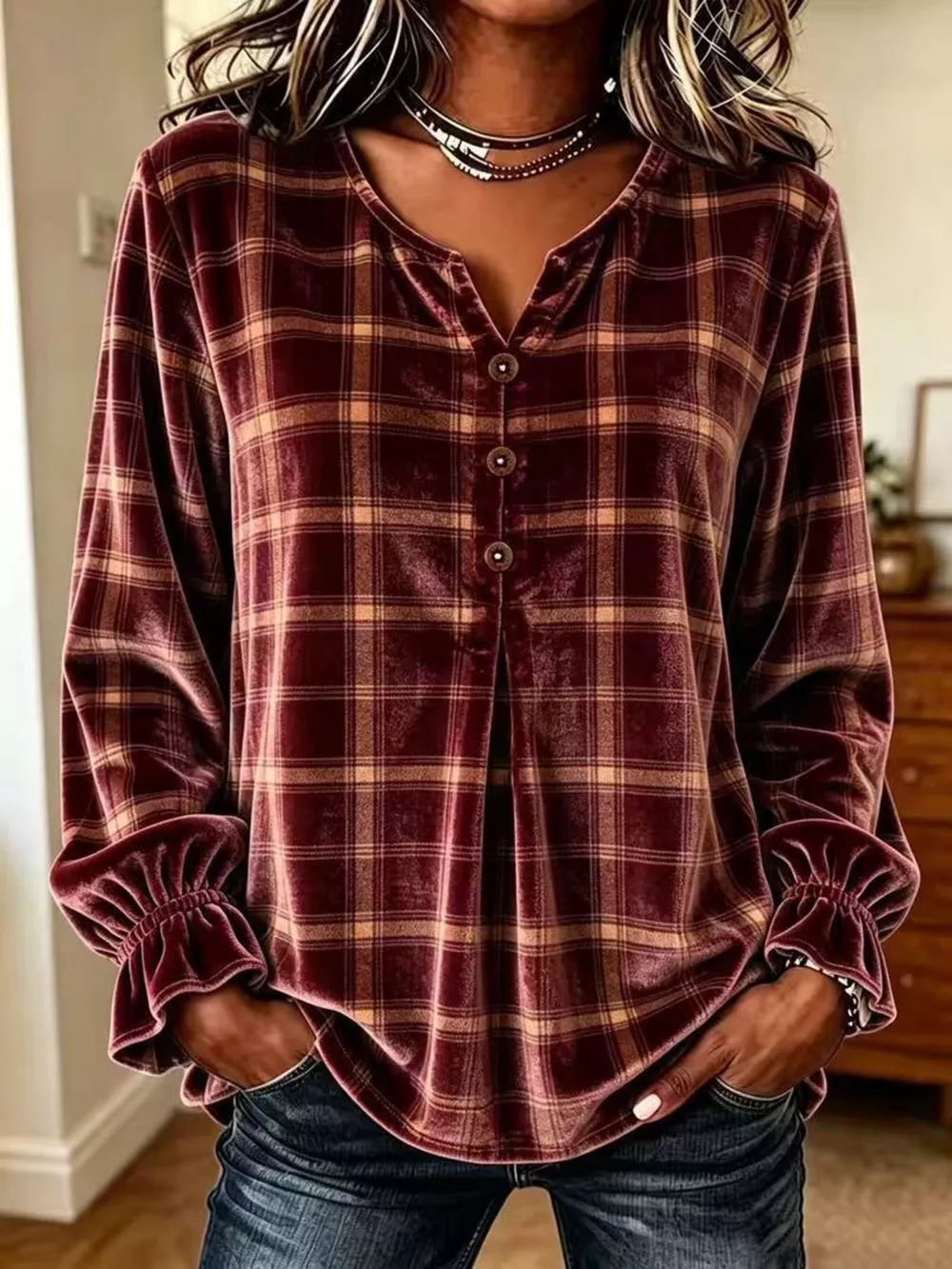 Full Size Plaid Velvet Flounce Sleeve Blouse Plus Size, image 9