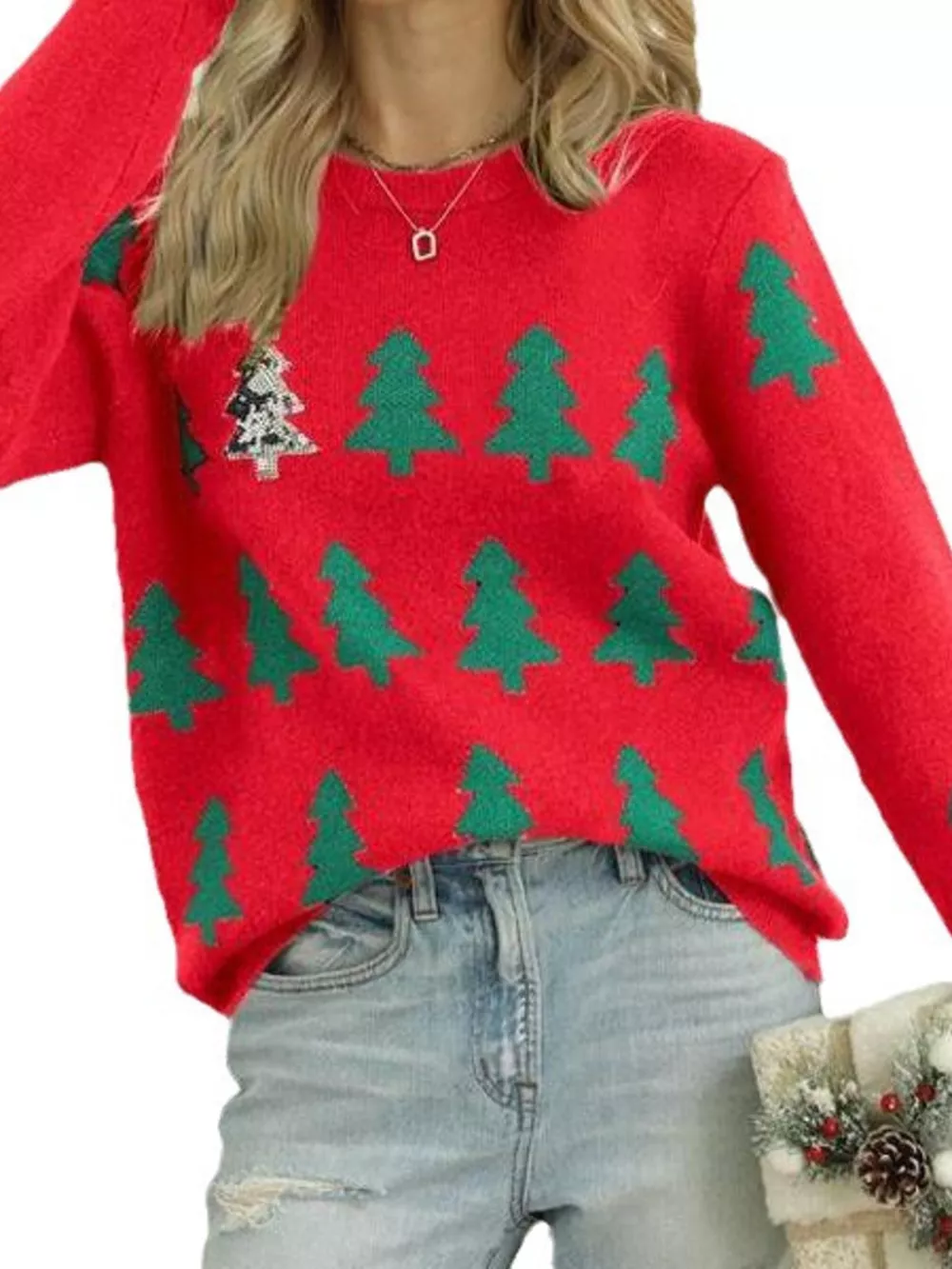 Christmas Tree Pattern Long Sleeve Sweater, image 2